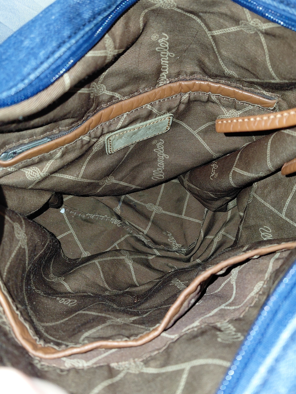Wrangler Blue Denim Hobo Bag with Brown Tooled Leather Accents - Picture 9 of 11